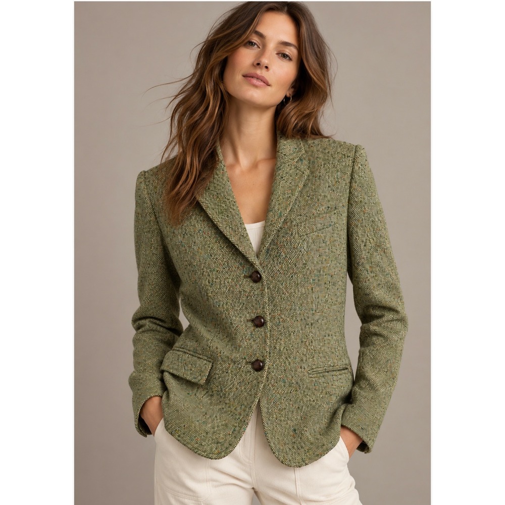 Vtg Y2K J. Crew Wool Tweed Blazer 12 Olive Green Wool Donegal Fleck Heritage